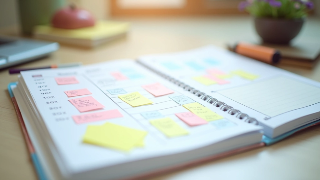 Weekly planner page with colored markers and sticky notes organized by time blocks