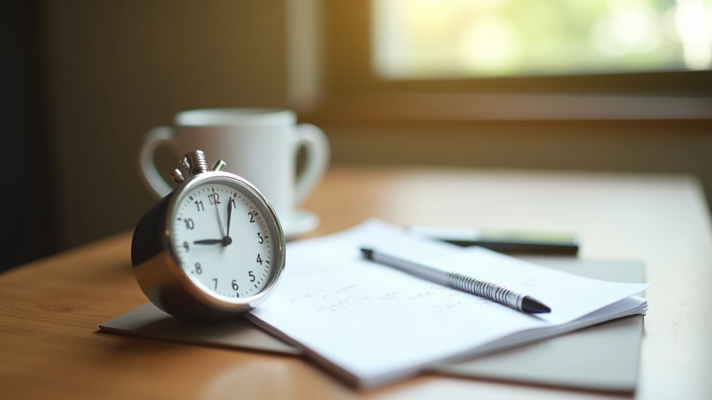 Pomodoro timer on wooden desk next to notebook and pen with coffee mug