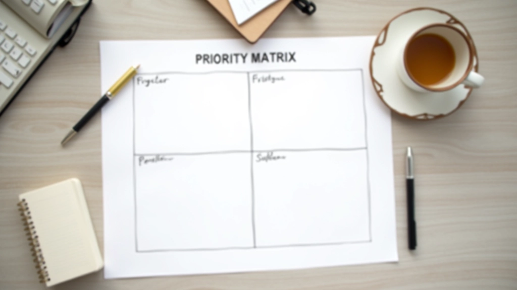 Priority matrix diagram printed on paper with pen marking different quadrants and categories