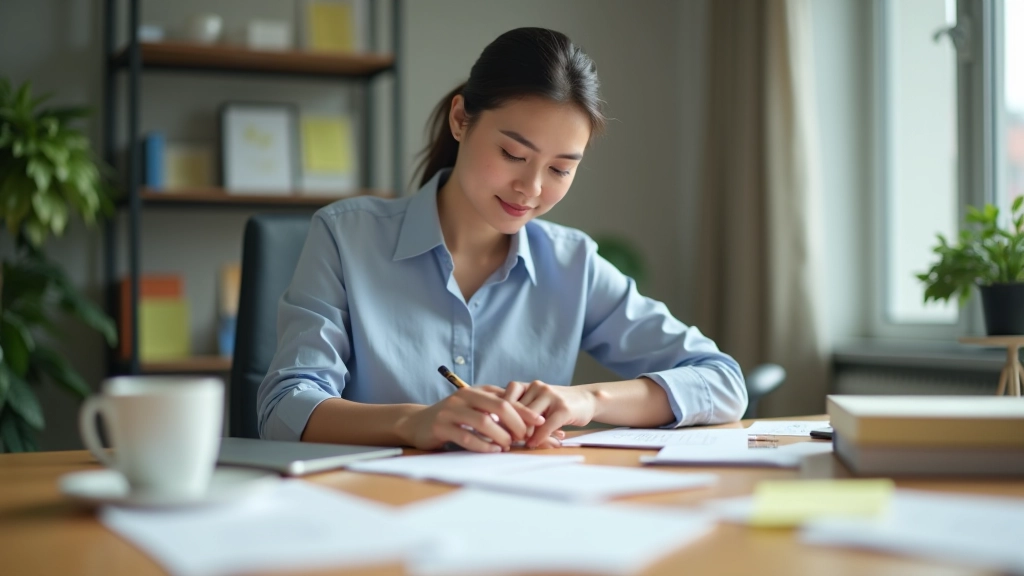 Professional sitting at desk with calendar and sticky notes organized by priority